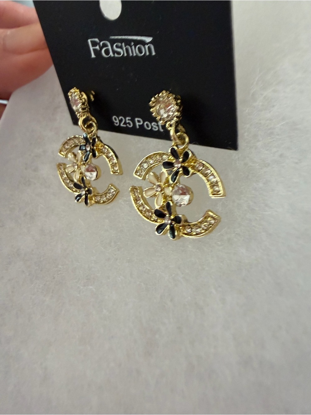 Gold Tine Floral Crystal Drop Post Earrings, black accent, Fashion Jewelry - Picture 3 of 8